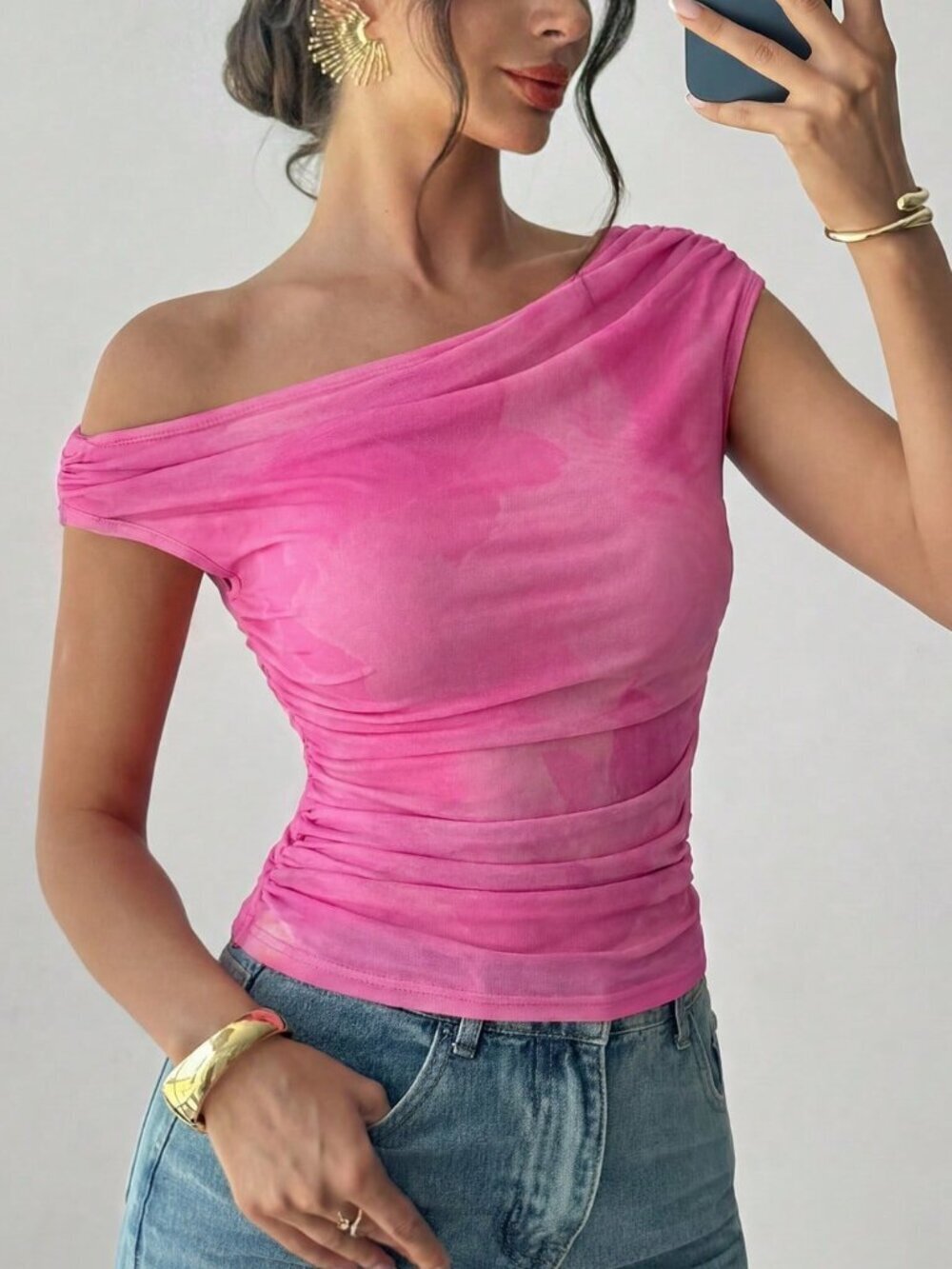 Pink Boho Casual Women's Tie-Dye Asymmetrical Shoulder Top Beach Festival